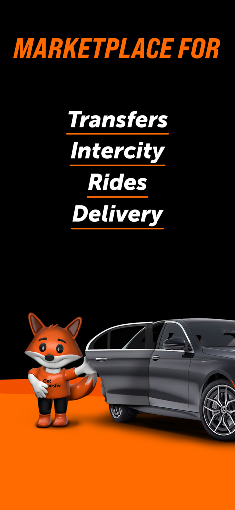 A fox mascot standing next to a luxury car on a screen listing services for transfers intercity rides and delivery.