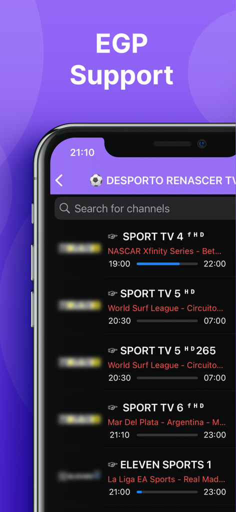 IPTV MEGA Smarters Pro interface showing electronic program guide with sports channel listings and schedules