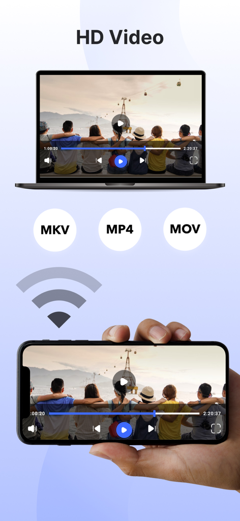 A smartphone screen mirroring HD video to a laptop display with supported formats MKV MP4 and MOV