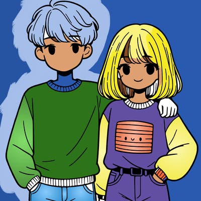boy with short fluffy hair wearing a sweatshirt putting his arm around a girl with shoulder length straight hair wearing a sweater tucked into jeans