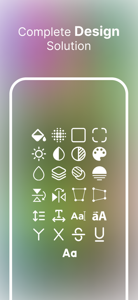 Interface showcasing various graphic design and photo editing tool icons in the Pixelout app