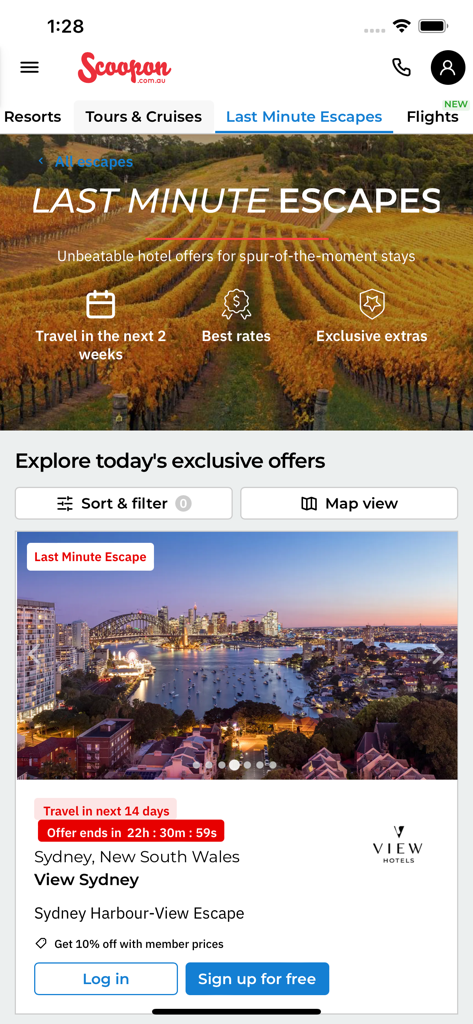 The Scoopon app interface showcasing last minute travel escapes with a featured hotel deal in Sydney.