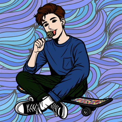 hot realistic teen on a skateboard with a lolipop in his mouth