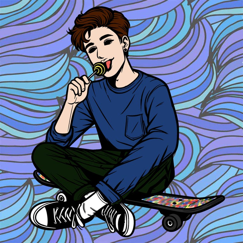 hot realistic teen on a skateboard with a lolipop in his mouth