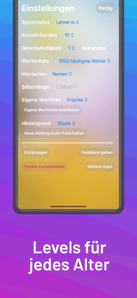 Blitzlesen: Das Original - Menu Paramètres de l'application Blitzlesen présentant les options de personnalisation des niveaux et de la vitesse de lecture.