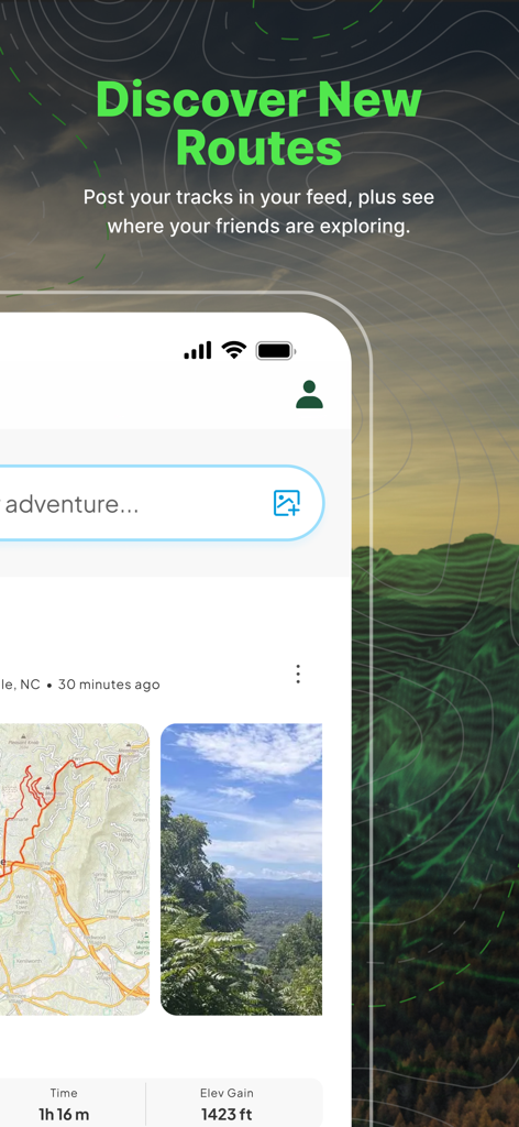 Gaia GPS app interface showing trail maps photo sharing and hiking stats for elevation and time