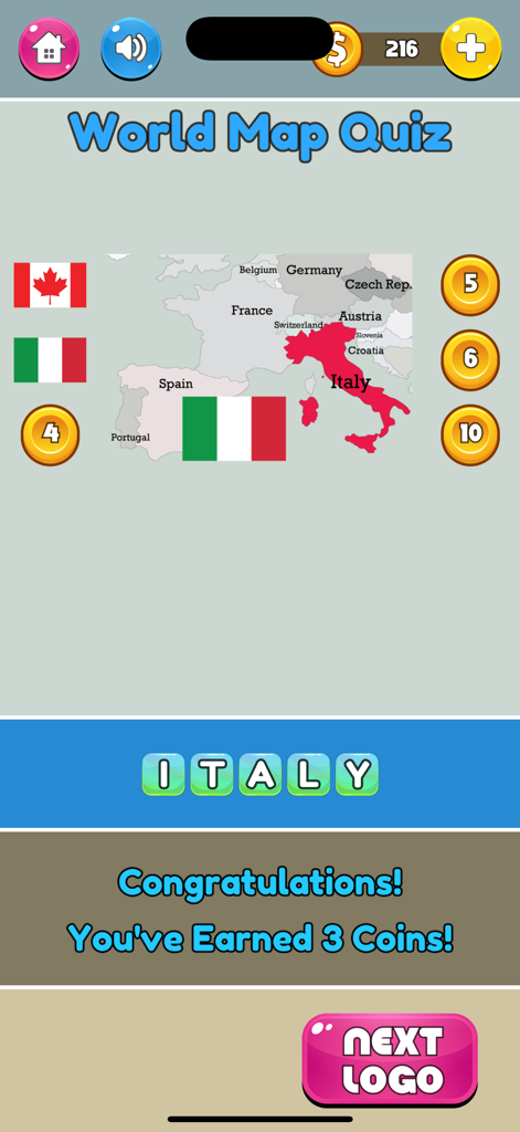 World Map Quiz gameplay screen showing Italy highlighted on a map with a congratulatory message and coin reward.