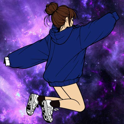 realistic girl jumping with a bun and oversized sweatshirt
