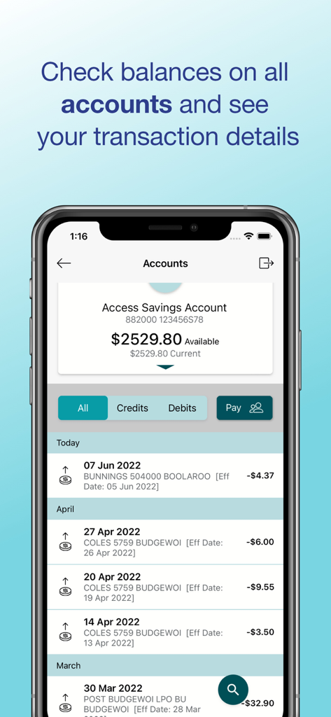 Reliance Bank - Reliance Bank app screen displaying account balances and transaction history