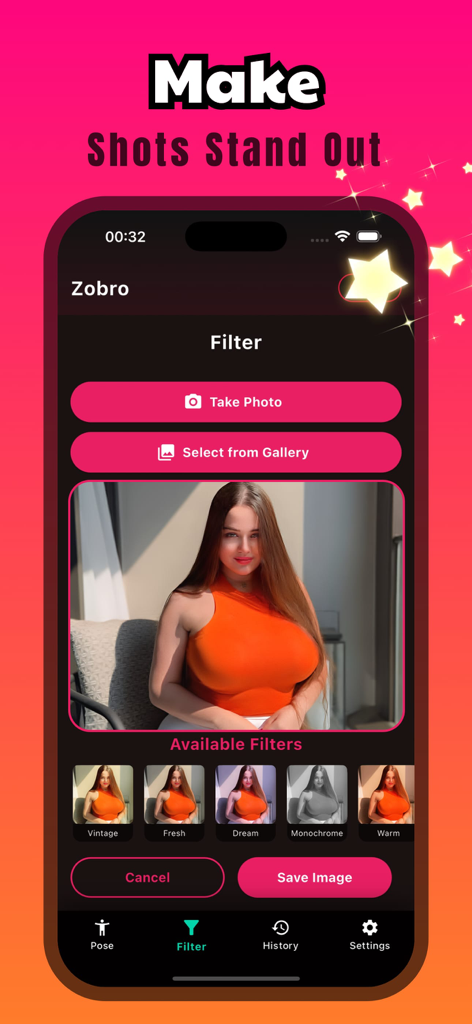 Zobro app screen showing aesthetic photo filters and portrait editing options