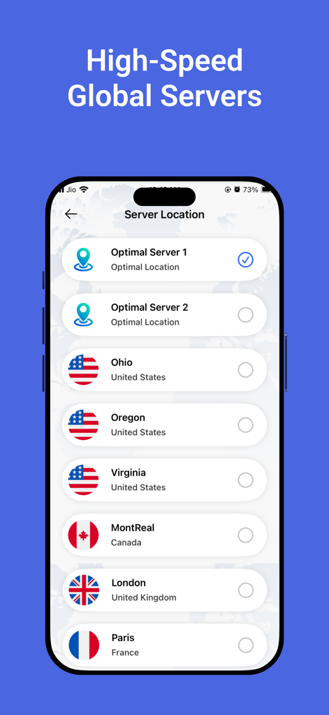 A list of high speed global server locations available in the VPN-Z app for secure browsing.