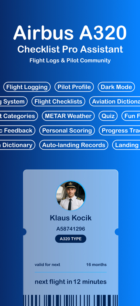Features list and pilot profile overview for the A320 Checklist Pro Assistant app
