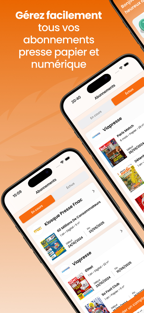 Deux smartphones affichant l'écran de gestion des abonnements de l'application Press Connect