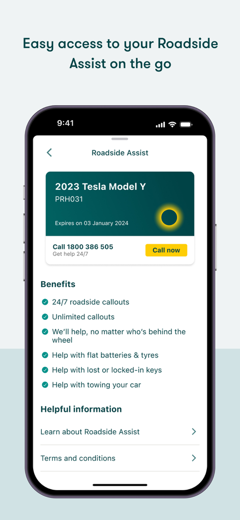 Suncorp Insurance App - Interfaz de la App Suncorp Insurance mostrando beneficios de asistencia en carretera y un botón de llamada directa para un Tesla Model Y.