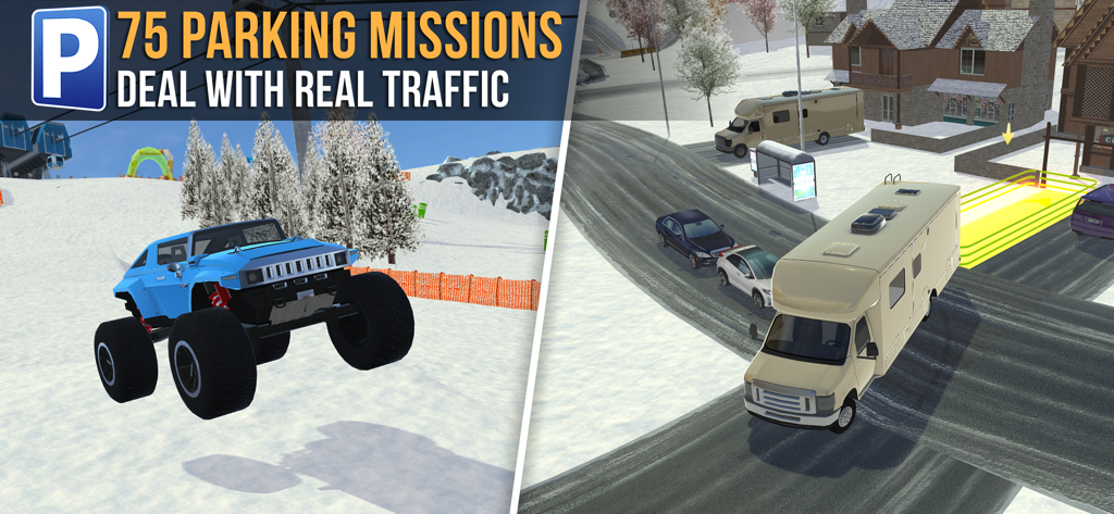 Ski Resort Parking Sim - A blue monster truck jumping and a camper van navigating a snowy ski village parking mission.