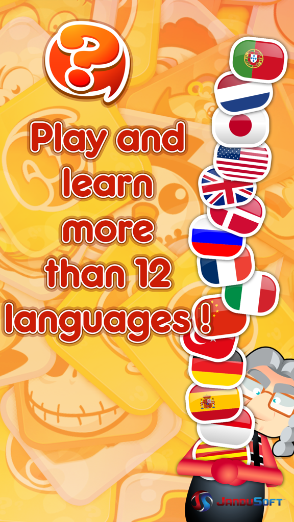 Guess my character! - Guess my character game screenshot showing support for over twelve languages with a stack of national flags.