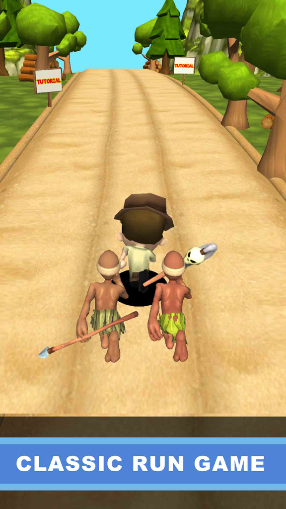 Um personagem 3D com um chapéu marrom sendo perseguido por membros de uma tribo com lanças em um cenário de selva do jogo Adventure Run 3D.