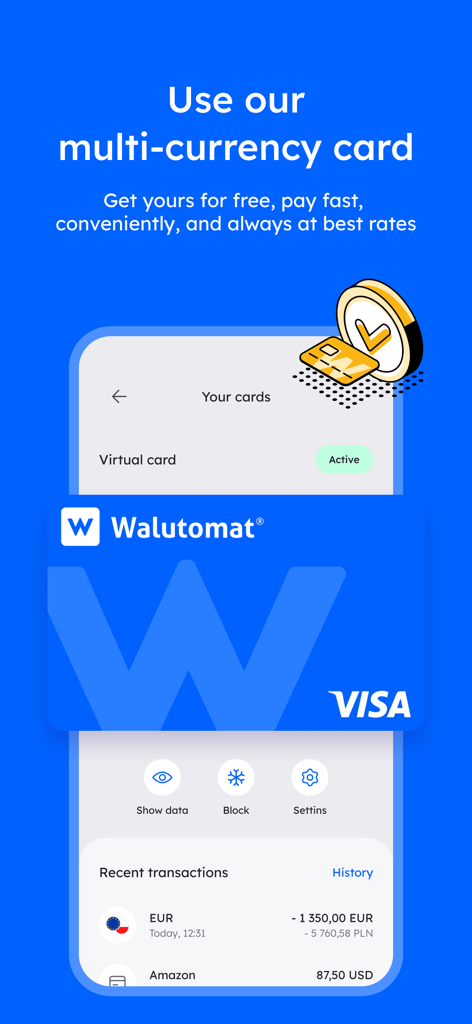 Walutomat mobile app screen showing a virtual blue multi-currency Visa card and transaction history