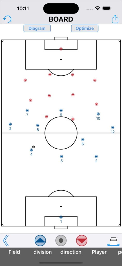 Tacbo -Tactical Board - Tactical board showing soccer player formations and field positions