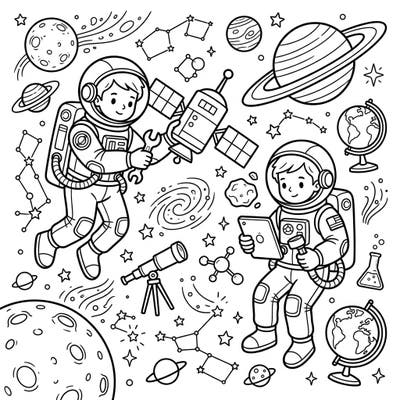 Ignite your child's imagination with this thrilling coloring page featuring young astronaut scientists on a space mission. Kids will love bringing these detailed scenes of planetary exploration and scientific discovery to life.