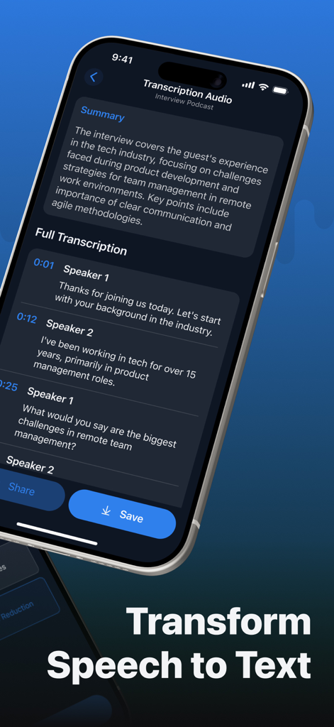 Interfaz móvil de la aplicación Desyra que muestra una entrevista de podcast resumida y su transcripción completa de voz a texto