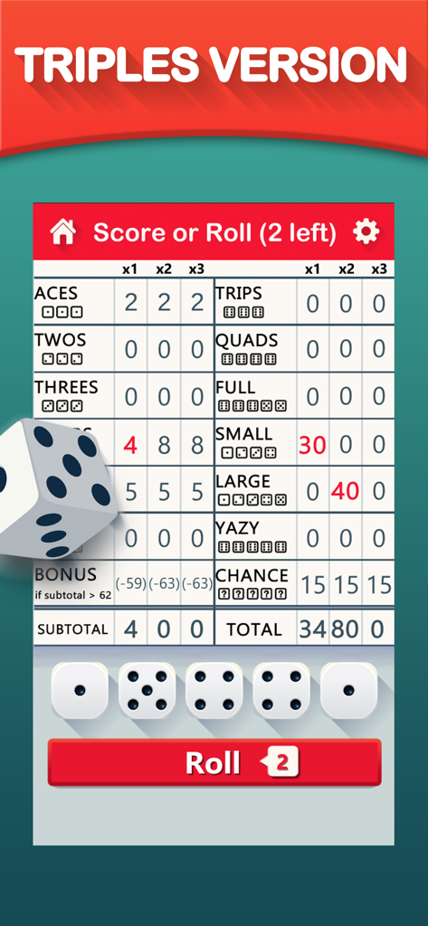 Yazy yatzy dice game - Hoja de puntuación y dados para la versión de triples de la aplicación Yazy yatzy dice game.