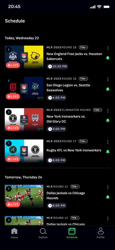 The Rugby Network - The Rugby Network app interface showing a schedule of live and upcoming Major League Rugby matches