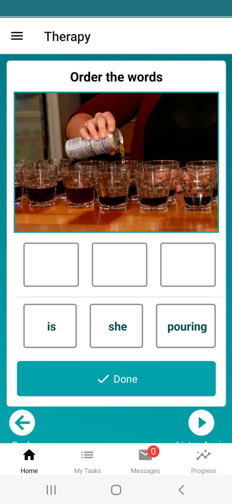 Word ordering speech therapy exercise in the My Aphasia Coach app.