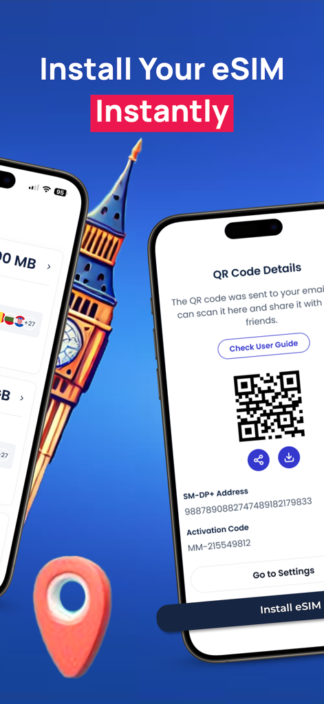 海外データ通信の即時有効化のためのMonty eSIM QRコードを表示するスマートフォンの画面