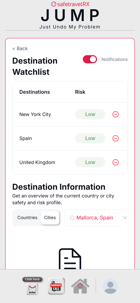 safetravelRX - Ein Bildschirm mit einer Zielland-Beobachtungsliste in der safetravelRX App, der Sicherheitsrisikostufen für internationale Standorte anzeigt.