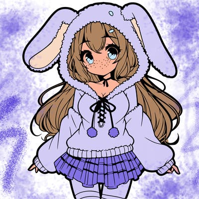 pretty anime girl wearing a fluffy hoodie with bunny ears on the hood and a skirt