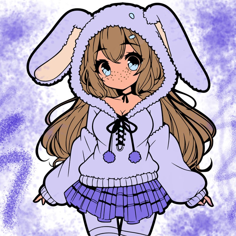 pretty anime girl wearing a fluffy hoodie with bunny ears on the hood and a skirt