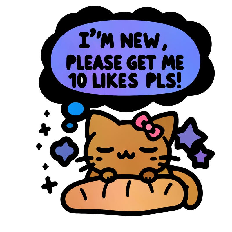 kitty taking a nap dream talking and saying "i'm new, please get me at least 10 likes pls!!"
