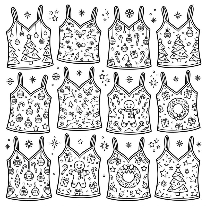 Unwrap the joy of the season with our delightful collection of Christmas camisole coloring pages. Each delicate top is bursting with festive patterns, from twinkling trees to jolly gingerbread men, ready for your creative touch.