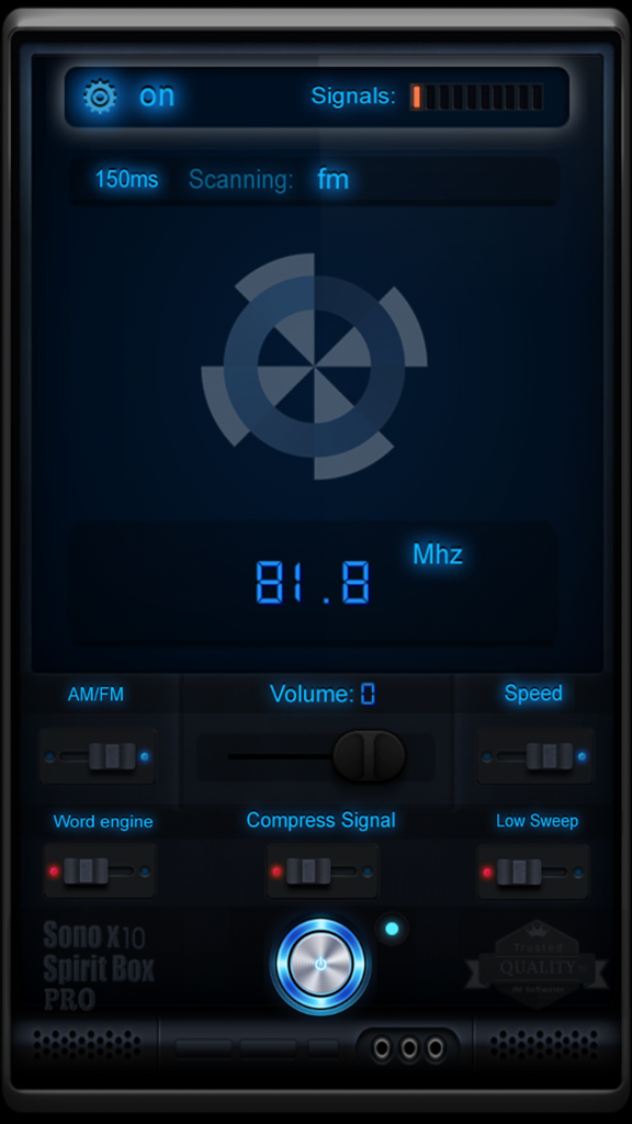 Sono X10 Spirit Box PRO - Panel principal de la aplicación Sono X10 Spirit Box PRO que muestra el escaneo de frecuencias y las herramientas de investigación paranormal