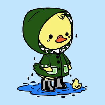 baby duck in a rain coat and boots, in a puddle while it’s raining