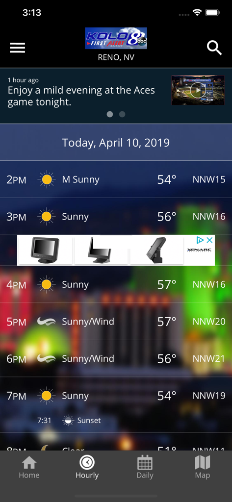 Interfaccia di previsione oraria dell'app KOLO FirstAlert Weather per Reno Nevada che mostra temperature e condizioni del vento