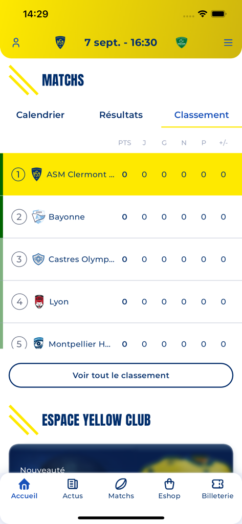 ASM Clermont Auvergne - Rankings screen in the ASM Clermont Auvergne rugby app showing team standings and match stats.