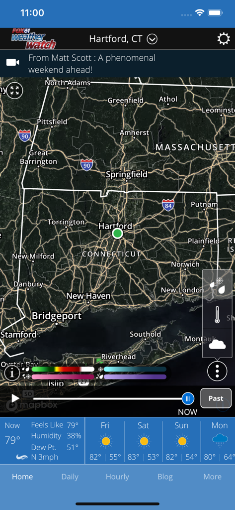 Fox61 Weather Watch app interface featuring a local radar map of Connecticut and a multi day weather forecast for Hartford
