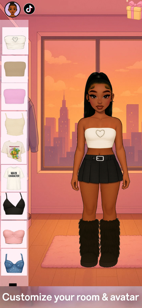 SCENEZ: Cozy Dress Up Game - A character customization screen in SCENEZ showing an avatar in a white heart top and black skirt against a city sunset background.