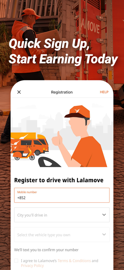 Pantalla de registro de la aplicación Lalamove Driver para la inscripción de nuevos conductores
