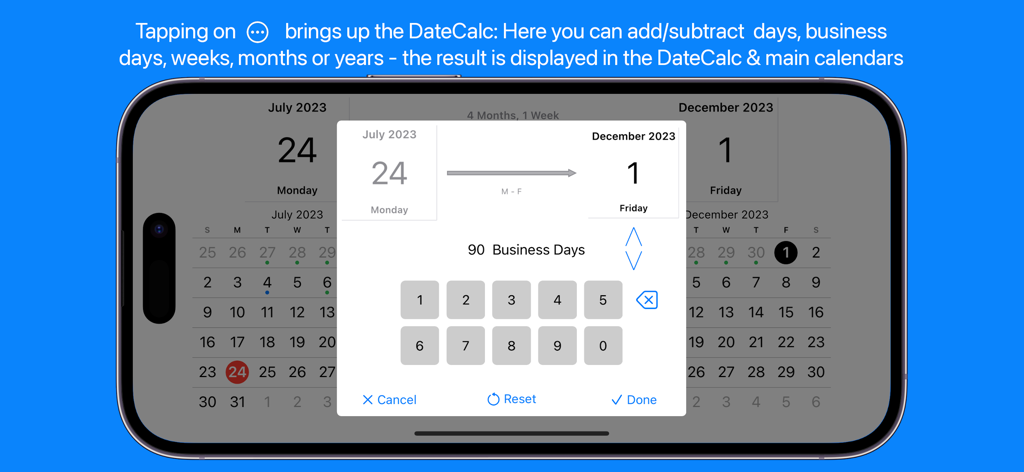 Time Jump - Date Calculator - Interfaz de la aplicación Time Jump que muestra un cálculo de 90 días hábiles entre julio y diciembre