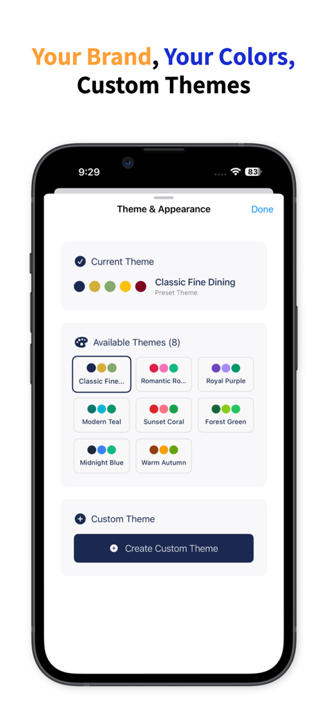 Plate Pro: Recipe & Food Cost - Theme and appearance settings screen in the Plate Pro app showing various color presets like Classic Fine Dining and options to create a custom brand theme.