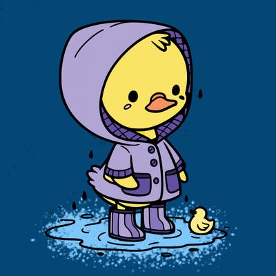 baby duck in a rain coat and boots, in a puddle while it’s raining