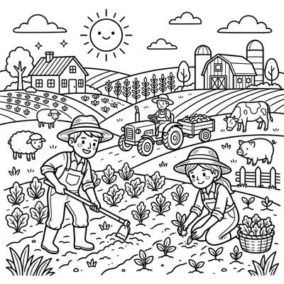 Dive into the wonderful world of farming with this delightful coloring page designed for kids. Little artists can bring to life cheerful farmers, busy tractors, and adorable farm animals as they explore agricultural fun.