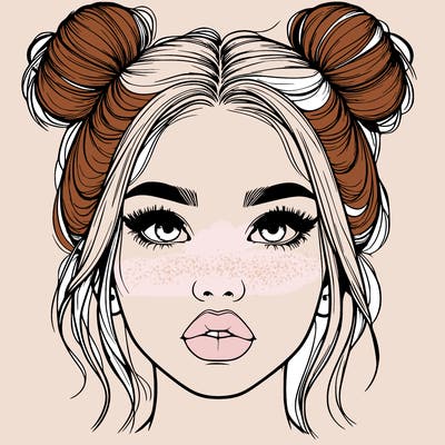 realistic girl with two buns on her hair and lips