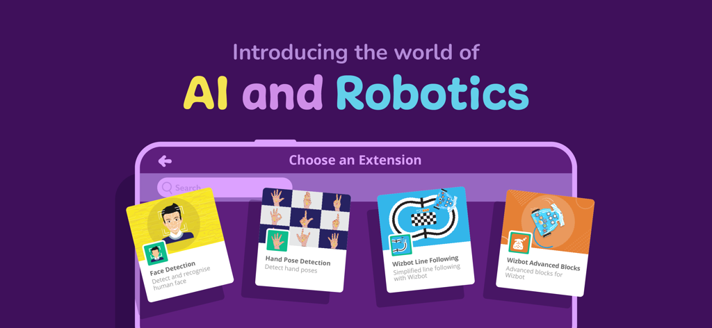 PictoBlox Junior Blocks - PictoBlox Junior Blocks App-Bildschirm, der KI- und Robotik-Programmiererweiterungen für Kinder anzeigt