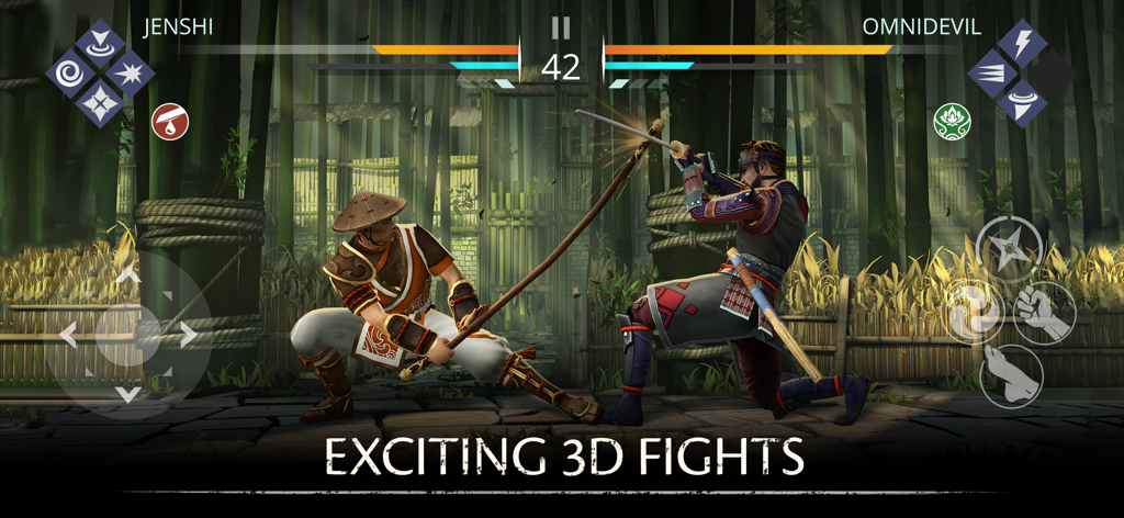 Two warriors duel in a bamboo forest in the Shadow Fight 3 RPG fighting game