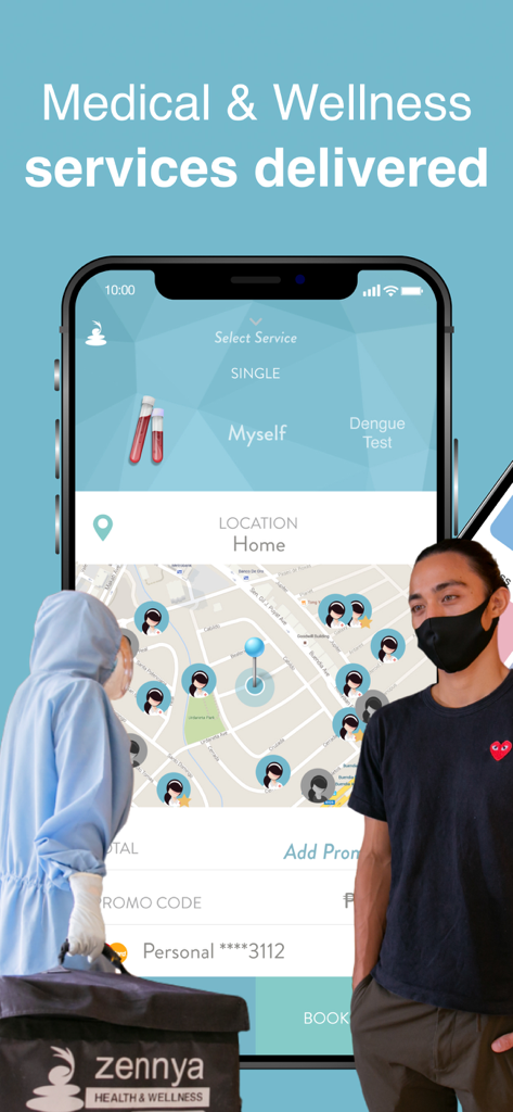 zennya health - Pantalla de la aplicación zennya health para reservar pruebas médicas a domicilio con un profesional en traje de EPP