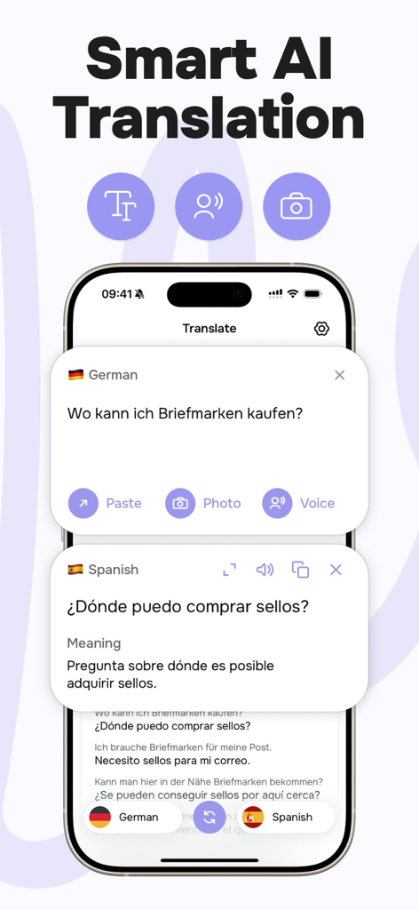 Smart AI translation from German to Spanish on the Ave mobile app interface